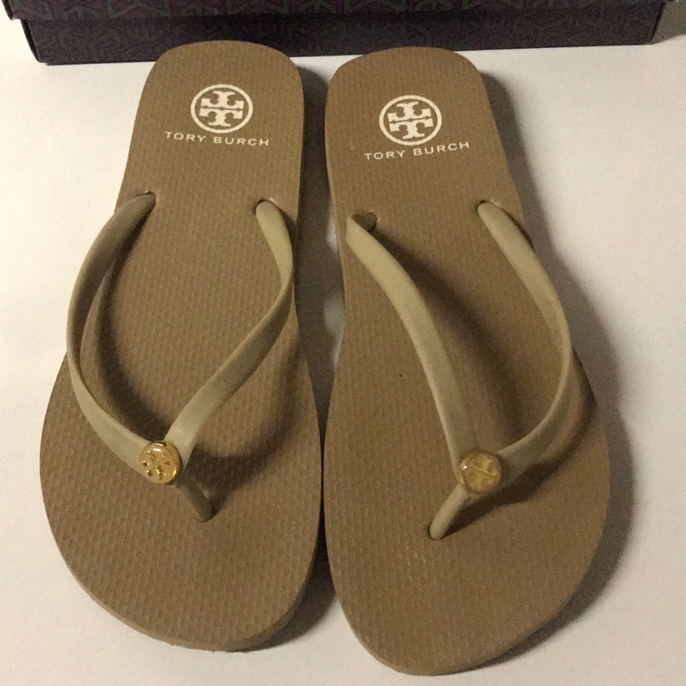 Tory Burch taupe colored flip flops